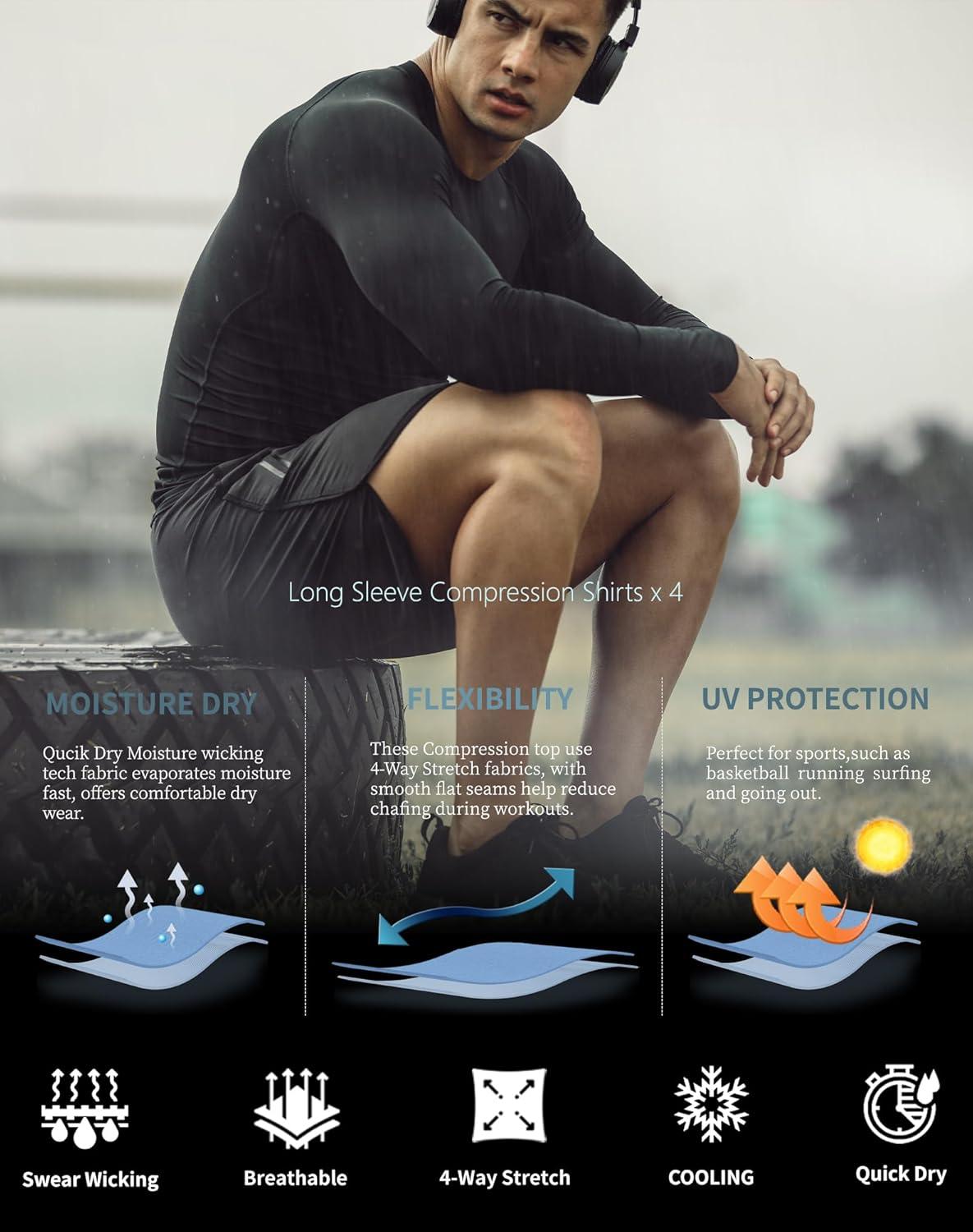 image5 or 4 Pack Compression Shirts for Men Long Sleeve Athletic Base Layer Undershirt Gear T Shirt for Workout2 Black2white Shirts