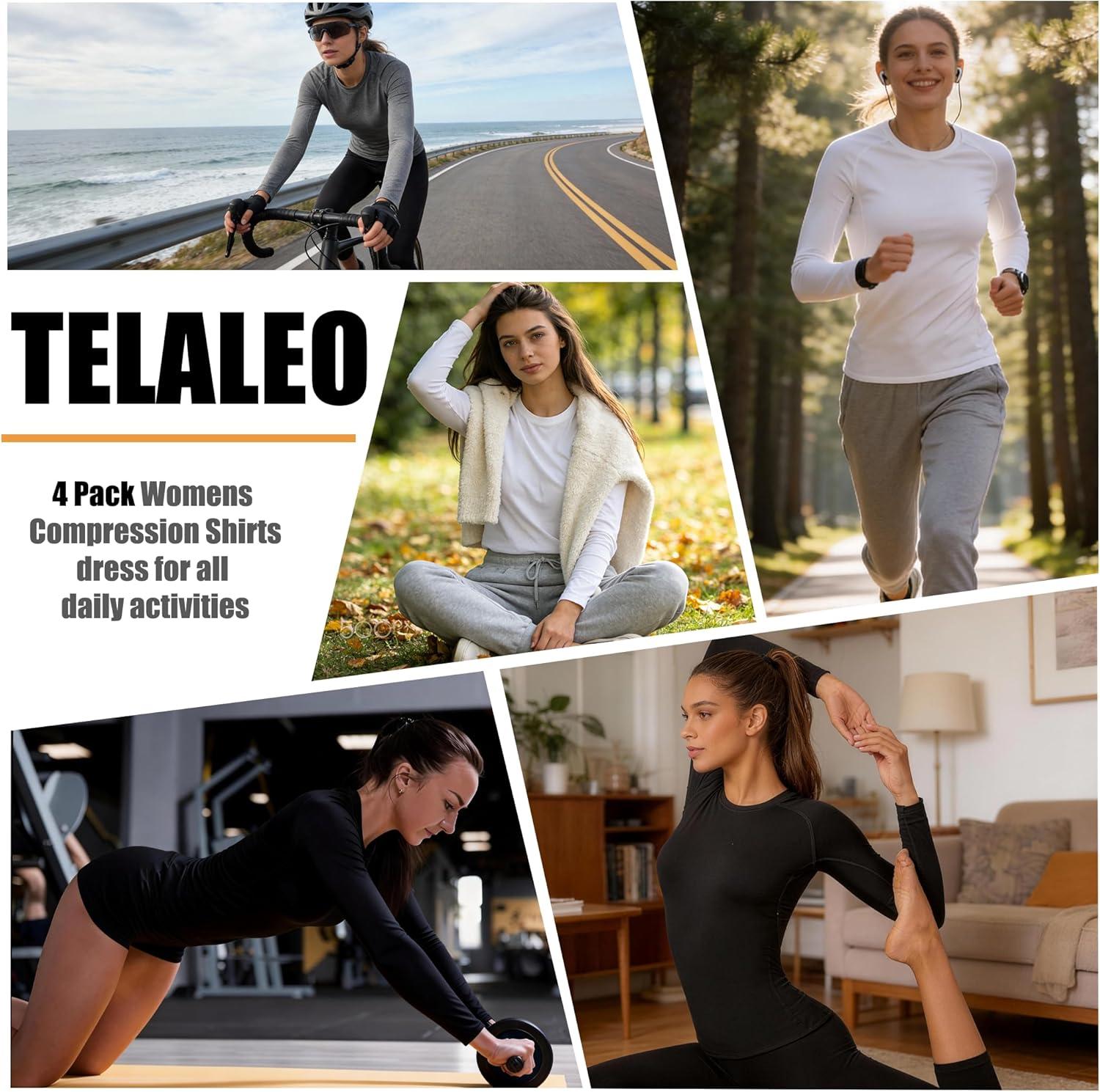 imageTELALEO 4 Pack Womens Compression Shirt Long Sleeve Performance Workout Baselayer Athletic Top Sports GearLong Sleeveblackgreywhiteblue