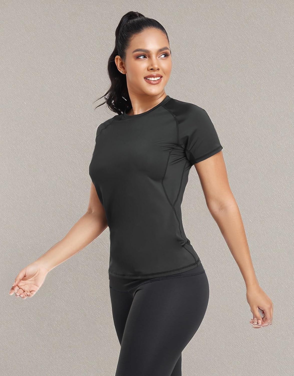 imageTELALEO 4 Pack Womens Compression Shirt Running Athletic TShirts Workout Tops Baselayer Short Sleeve Yoga Gym Sports Gear4black