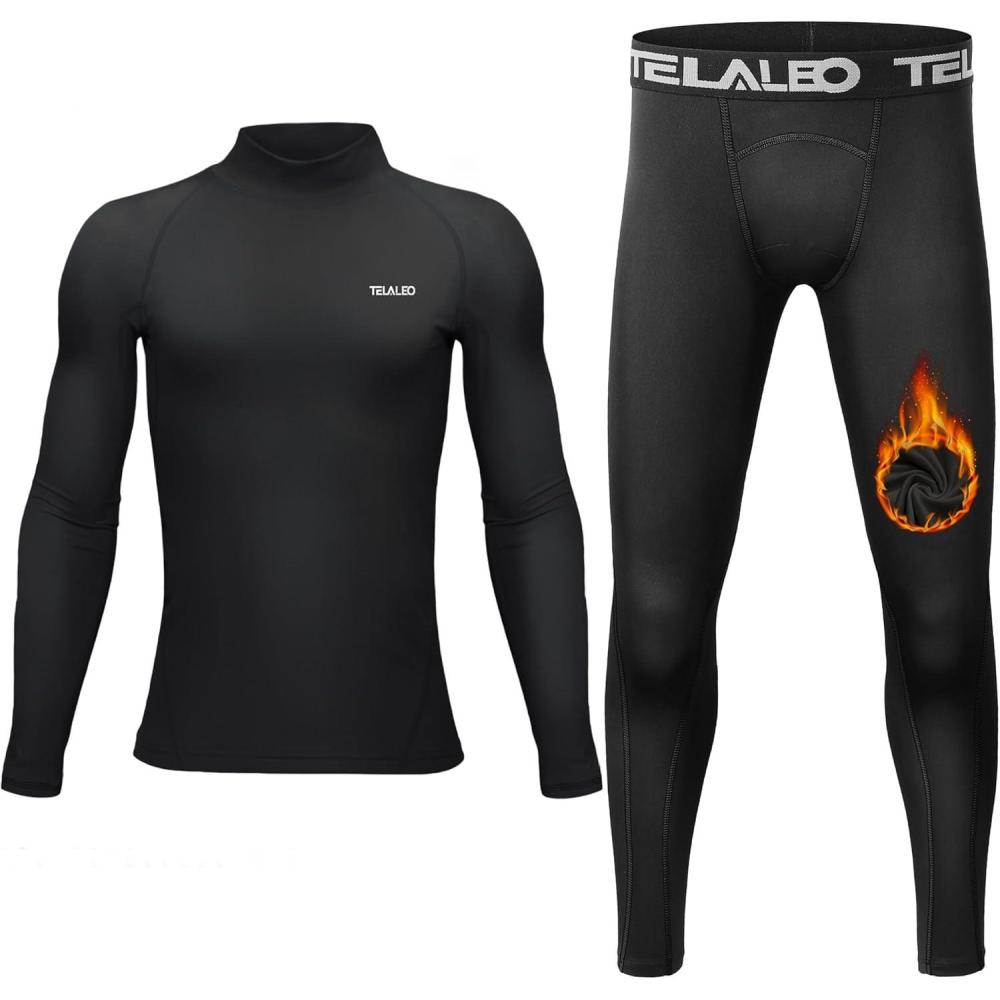 imageTELALEO Boys Girls Long Sleeve Compression Shirts Thermal Fleece Lined Kids Athletic Sports Tops Leggings Baselayer SetBlackturtle Neck