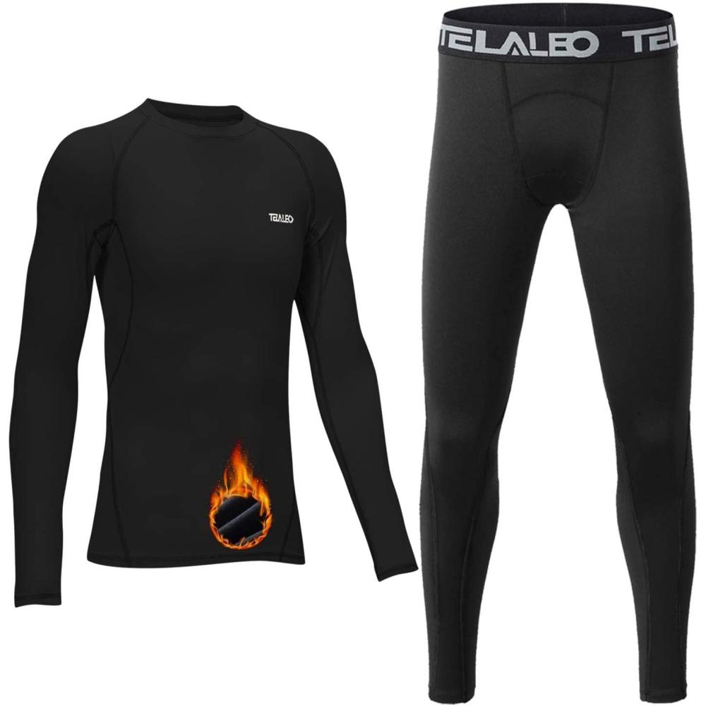 imageTELALEO Boys Girls Long Sleeve Compression Shirts Thermal Fleece Lined Kids Athletic Sports Tops Leggings Baselayer SetShirtsPants Set