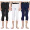 TELALEO 3/4 Boys Youth Compression Leggings Tights Base Layer Sports Running Capris Kids for Workout Training(Black/White/Navy)