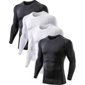 5 or 4 Pack Compression Shirts for Men Long Sleeve Athletic Base Layer Undershirt Gear T Shirt for Workout(2 Black/2white Shirts)