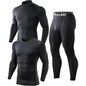 5 or 4 Pack Men’s Thermal Compression Pants Fleece Lined Sports Tights Athletic Leggings Cold Weather Baselayer Winter Gear(1*crew Neck & 1*turtle Mock Neck & 1*pant (3 Pcs Black))