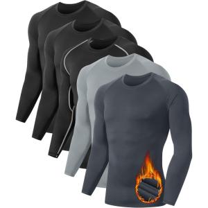 5 or 4 Pack Men’s Thermal Compression Shirt Fleece Lined Long Sleeve Athletic Base Layer Cold Weather Gear Workout Top(5 Crew Neck（light and Dark Grey and Black）)