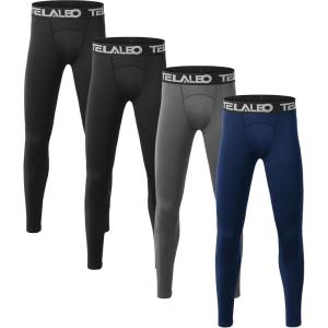 TELALEO 1/2/3/4 Pack Boys’ Youth Compression Leggings Pants Tights Athletic Base Layer for Running Hockey Basketball(2black/Grey/Blue (4pack))