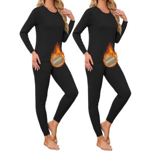 TELALEO 2 Sets Women’s Thermal Underwear Long Johns Double-Sided Fleece Lined Base Layer Top & Bottom Pajama for Cold Weather(2black)