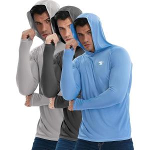TELALEO 3 Pack Men’s UPF 50+ Sun Protection Lightweight Hoodie Performance Long Sleeve SPF UV Shirt for Fishing Running(Light Gray/Blue/Gray 3 Pack)