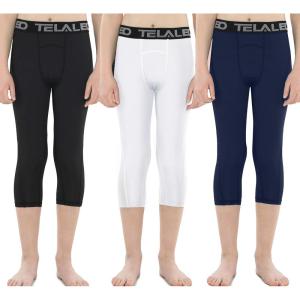 TELALEO 3/4 Boys Youth Compression Leggings Tights Base Layer Sports Running Capris Kids for Workout Training(Black/White/Navy)