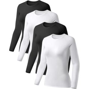 TELALEO 4 Pack Women’s Compression Shirt Long Sleeve Performance Workout Baselayer Athletic Top Sports Gear(Long Sleeve-2black+2white)