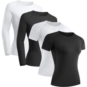 TELALEO 4 Pack Women’s Compression Shirt Long/Short Sleeve Performance Workout Baselayer Athletic Top Gym Sports Gear(2 Long Sleeve+2 Short Sleeve-(2black+2white))
