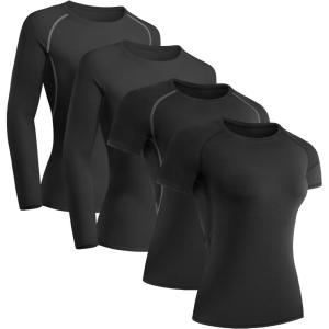 TELALEO 4 Pack Women’s Compression Shirt Long/Short Sleeve Performance Workout Baselayer Athletic Top Gym Sports Gear(Long/Short Sleeve-4black)