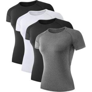 TELALEO 4 Pack Women’s Compression Shirt Running Athletic T-Shirts Workout Tops Baselayer Short Sleeve Yoga Gym Sports Gear(2black/Grey/White)