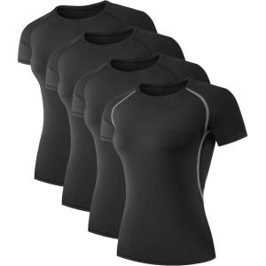 TELALEO 4 Pack Women’s Compression Shirt Running Athletic T-Shirts Workout Tops Baselayer Short Sleeve Yoga Gym Sports Gear(4black)