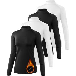 TELALEO 4 Pack Women’s Thermal Long Sleeve Tops Mock Neck Shirts, Fleece Lined Compression Turtleneck Base Layer(2black/2white)