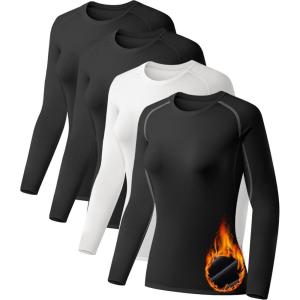 TELALEO 4 Pack Women’s Thermal Shirts Fleece Lined Athletic Tops Long Sleeve Compression Workout Baselayer for Cold Weather(2black/Grey/White)