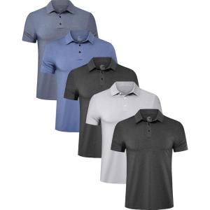 TELALEO 4/5 Pack Mens Polo Shirts Quick Dry Short Sleeve Golf T Shirt Performance Moisture Wicking Casual Workout(2black/Light Grey/Light Blue/Blue(5 Pack))