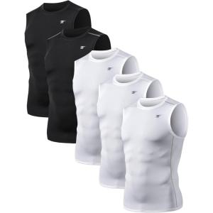 TELALEO 5 Pack Men’s Athletic Compression Shirts Sleeveless Workout Tank Top Sports Base Layer Running Basketball(Black/White(five Pack))