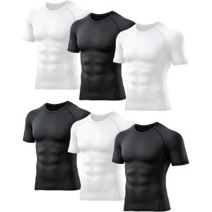 TELALEO 6 Pack Men’s Compression Shirt Short Sleeve Athletic Baselayer Sports T Shirts Workout Tops for Men Black White(3black+3white (6 Pack Shirts))