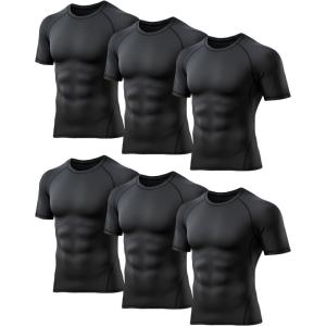 TELALEO 6 Pack Men’s Compression Shirt Short Sleeve Athletic Baselayer Sports T Shirts Workout Tops for Men Black White(6black(6 Pack Shirts))