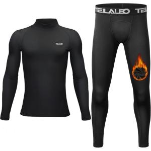 TELALEO Boys’ Girls’ Long Sleeve Compression Shirts Thermal Fleece Lined Kids Athletic Sports Tops Leggings Baselayer Set(Black(turtle Neck))